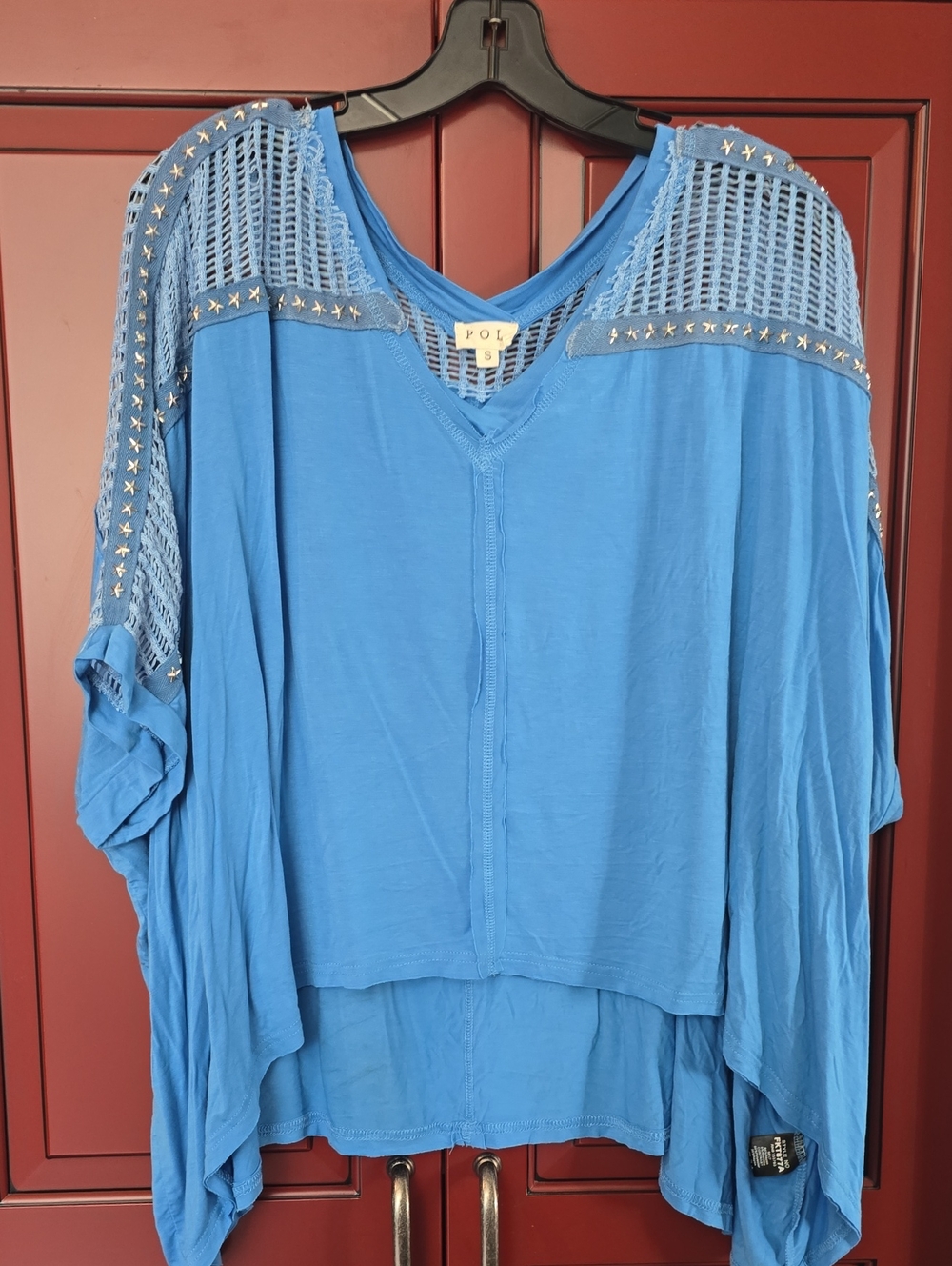 POL Blue V-Neck Crochet Shoulder Tunic with Stud Trim